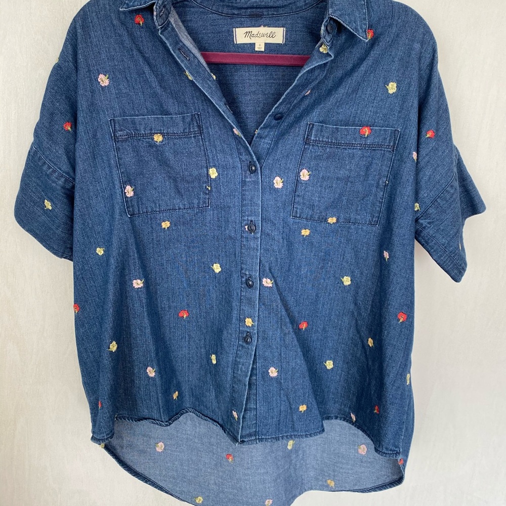 Madewell embroidered denim short sleeve shirt